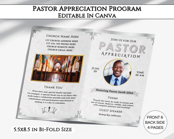 Pastor Appreciation Program Template, Editable Pastor Installation Bifold Brochure, Printable Church Bulletin Design Canva Template. TDS-10