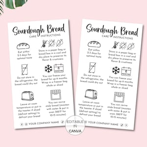 May include: Two white cards with black text provide sourdough bread care instructions. The cards include illustrations of bread, a toaster, and an oven. The text includes tips on storage and freezing.