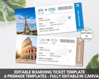 Modèle Canva de carte d’embarquement modifiable, billet d’avion imprimable, voyage surprise de la carte d’embarquement, billet d’embarquement DIY en téléchargement numérique. TDS-13