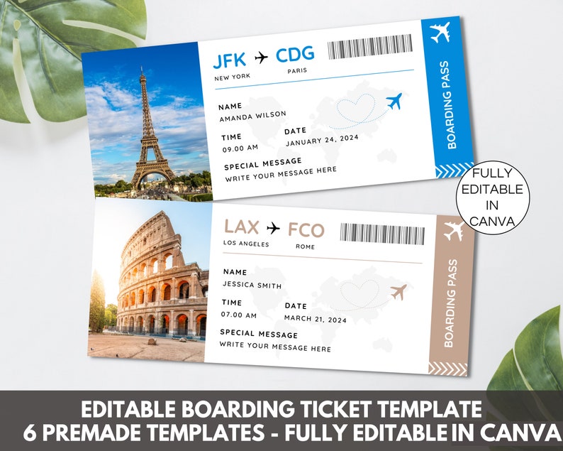 Plantilla Canva de tarjeta de embarque editable, billete de avión imprimible, viaje sorpresa con tarjeta de embarque, billete de embarque DIY de descarga digital. TDS-13 imagen 1