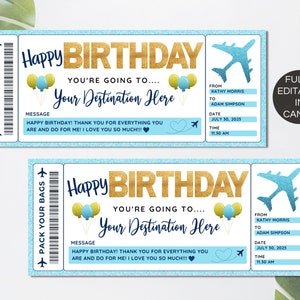 Modèle de carte d'embarquement d'anniversaire, billet d'avion de voyage surprise modifiable, idées cadeaux d'anniversaire à imprimer, faux billet d'avion canva modèle.TDS-13