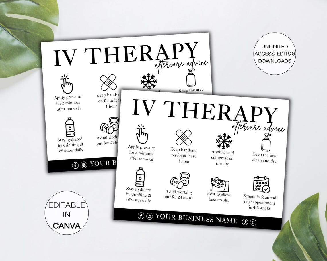 Iv Tech Card IV Therapy Aftercare Card, Editable IV Hydration Instructions, Beauty ...