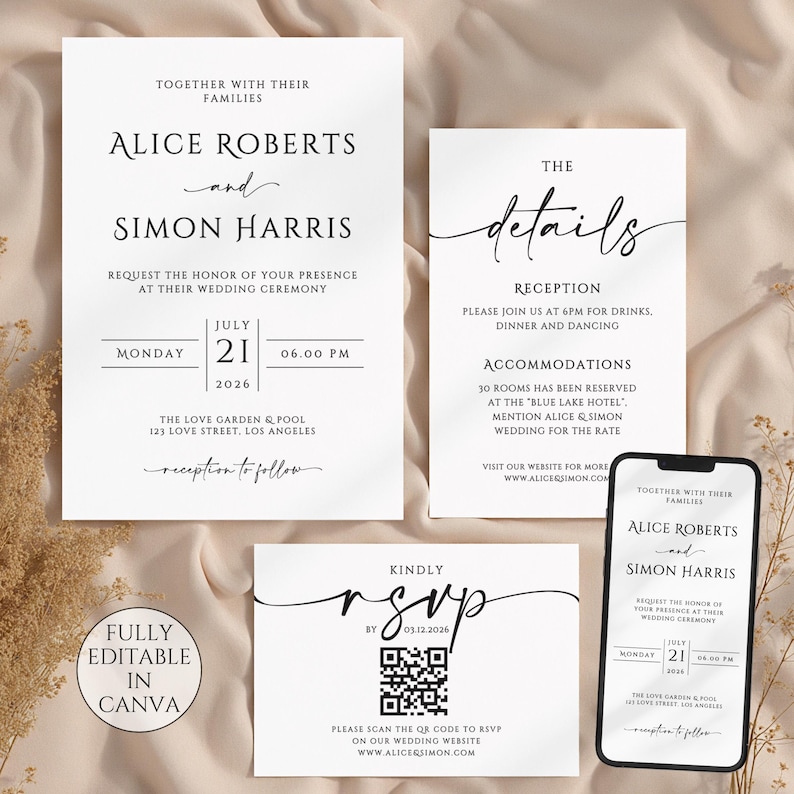 May include: A set of elegant wedding stationery in black and white. The invitation features the names "Alice Roberts and Simon Harris", date, time, and location. Additional cards include reception details and RSVP information with a QR code. A phone displays the invitation.