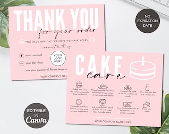 Cake Care Card Template, Cake Business Thank You Cards, Cake Business Packaging Inserts, Editable Canva Template, Cake Care Guide. TDS-05