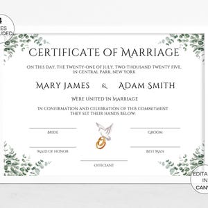 Certificate Of Marriage Template, Editable Wedding Keepsake, Edit In Canva, 4 Sizes Included