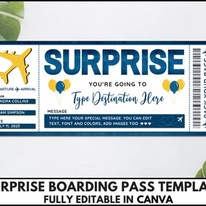 Surprise Boarding Pass Template, Editable Editable Fake Plane Ticket, Printable Surprise Vacation Airline Ticket,Travel Voucher Canva.TDS-13