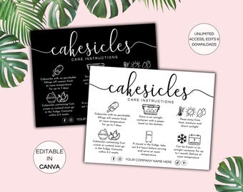 Cakesicles Care Card Template, bearbeitbare Cakesicles Pflegeanweisungen, druckbare Cakesicles Care Guide, Kuchen Lutscher Pflegekarte Canva Template