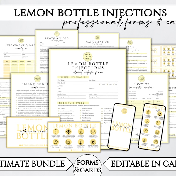 Lot de formulaires client pour injections de bouteille de citron, formulaires modifiables d'apport pour la dissolution des graisses, modèle de carte imprimable de suivi de bouteille de citron. FT-05