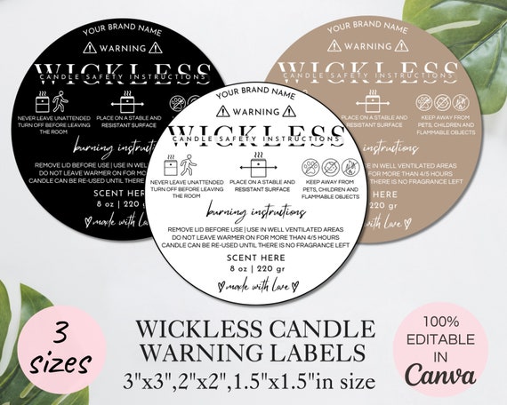 Wickless Candle Warning Label Template, Editable Candle Warning Sticker, Printable Candle Warning Instructions Canva Template. TDS-06