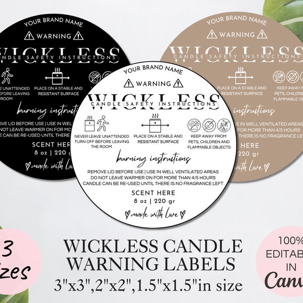 Wickless Candle Warning Label Template, Editable Candle Warning Sticker, Printable Candle Warning Instructions Canva Template. TDS-06