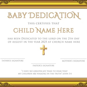 Plantilla de certificado de dedicación de bebé, certificado de dedicación de niño editable, plantilla de Canva de certificado de bautizo de bebé imprimible. TDS-10