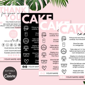 ケーキのお手入れカード テンプレート、ケーキ ビジネス サンキュー カード、ケーキ ビジネス パッケージ インサート、編集可能な Canva テンプレート、ケーキのお手入れガイド。TDS-05