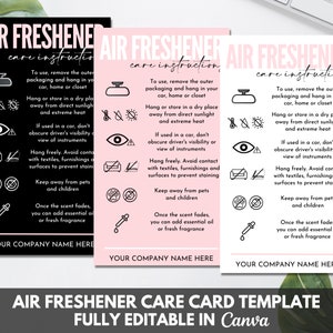 Air Freshener Care Cards Template, Editable Sublimation Air Freshener Care Guide, Printable Car Freshener Care Instructions Canva. TDS-05
