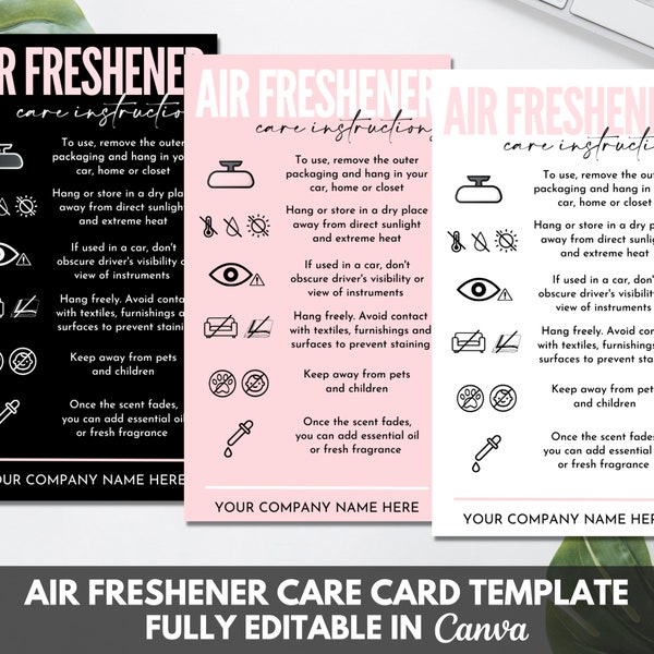 Plantilla de tarjetas de cuidado de ambientadores, Guía de cuidado de ambientadores por sublimación editable, Instrucciones de cuidado de ambientadores para automóviles imprimibles Canva. TDS-05