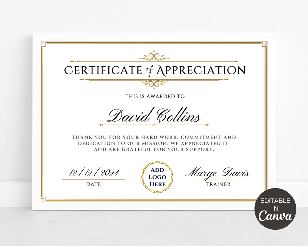 Editable Certificate of Appreciation Template, Printable Appreciation
