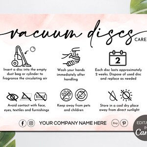 Vacuum Discs Care Card Canva Template, Editable Vacuum Scented Discs Care Instructions, Printable Vacuum Fresheners Care Guide. TDS-05