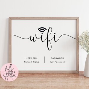 May include: A printable WiFi sign with a black wifi symbol and the word "wifi" in cursive. The sign has two sections for the network name and password.