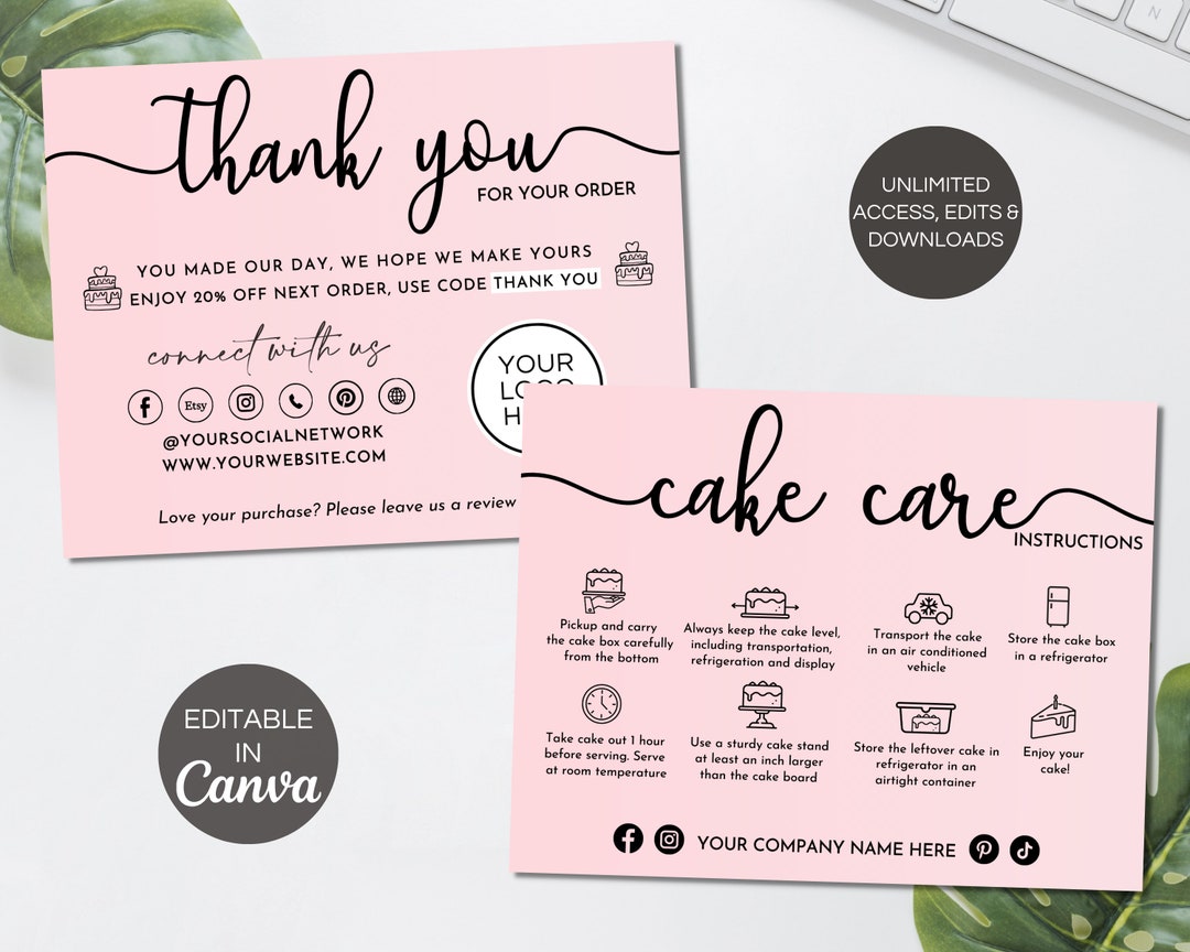 Editable Cake Care Card Template, Cake Small Business Thank You Cards ...