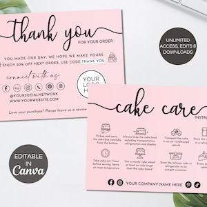 Modèle de carte modifiable pour l'entretien des gâteaux, cartes de remerciement pour les petites entreprises de gâteaux, encarts d'emballage pour les entreprises de gâteaux, guide d'entretien des gâteaux imprimable. FT-05