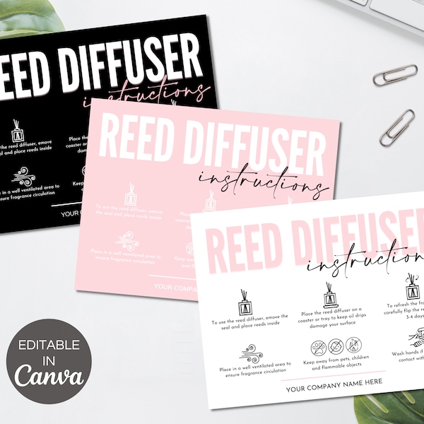Reed Diffuser Care Card Template, Editable Reed Diffuser Care Instructions, Printable Room Diffuser Care Guide Small Business Inserts.TDS-05