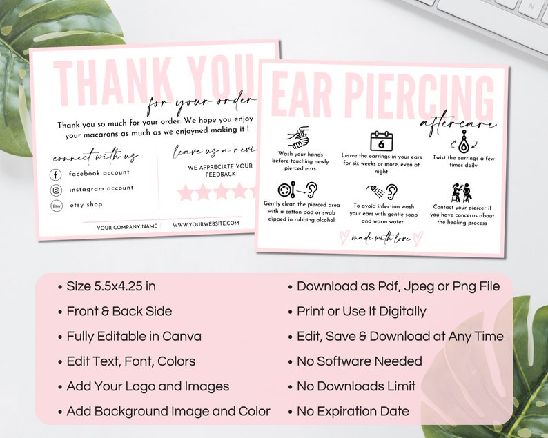 Ear Piercing Aftercare Template, Editable Piercing Guide Card, Piercing ...