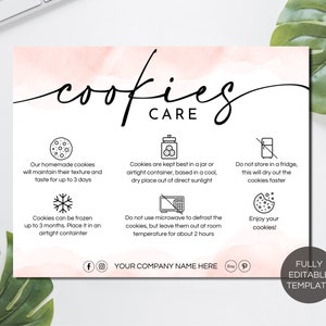 Editable Cookie Care Card, Printable Cookies Care Instructions, Watercolor Cookie Care Guide, Instant Download Canva Template. TDS-05