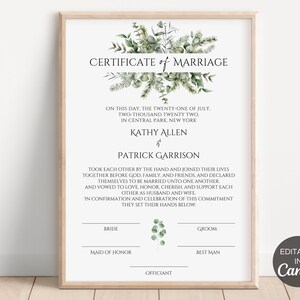 Heiratsurkunde Canva Vorlage, grüne Heiratsurkunde, bearbeitbare Hochzeit Andenken, digitaler Download Canva Vorlage. TDS-10