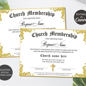 Editable Church Membership Certificate Template, Printable Certificate of Membership, Church New ...