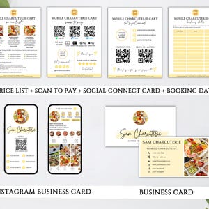 Puede incluir: Un conjunto de cuatro tarjetas imprimibles amarillas y blancas para un negocio de charcuter&iacute;a m&oacute;vil. Las tarjetas incluyen una lista de precios, instrucciones para escanear para pagar, informaci&oacute;n de redes sociales y fechas de reserva. Las tarjetas tambi&eacute;n presentan un logotipo con una imagen estilizada de una tabla de charcuter&iacute;a.
