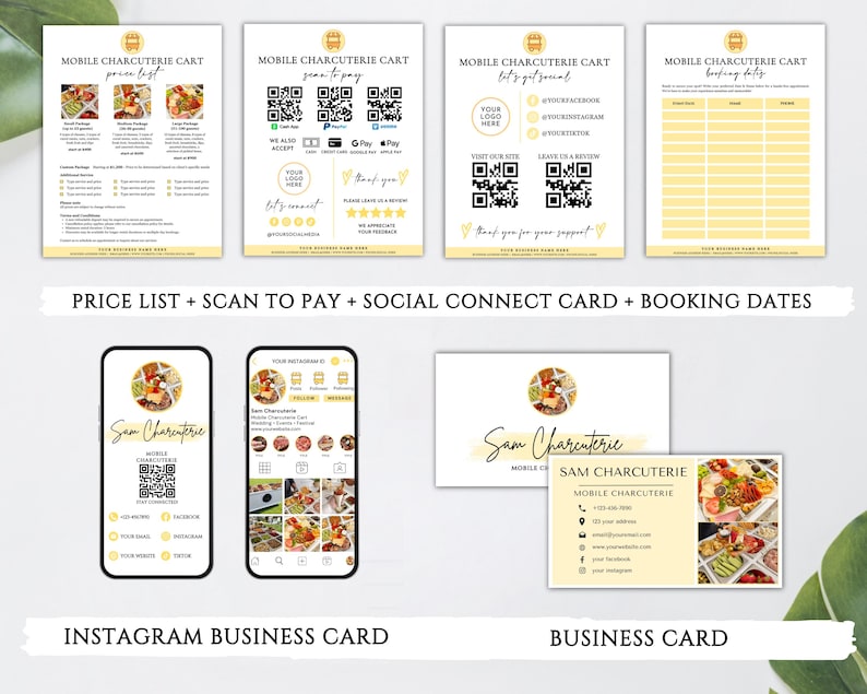 Puede incluir: Un conjunto de cuatro tarjetas imprimibles amarillas y blancas para un negocio de charcuter&iacute;a m&oacute;vil. Las tarjetas incluyen una lista de precios, instrucciones para escanear para pagar, informaci&oacute;n de redes sociales y fechas de reserva. Las tarjetas tambi&eacute;n presentan un logotipo con una imagen estilizada de una tabla de charcuter&iacute;a.