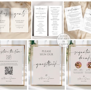 May include: A collection of wedding signage with elegant calligraphy. Includes signs for restrooms, ceremony details, guestbook, signature drinks, and photo sharing. The signs are in neutral tones with gold frames.