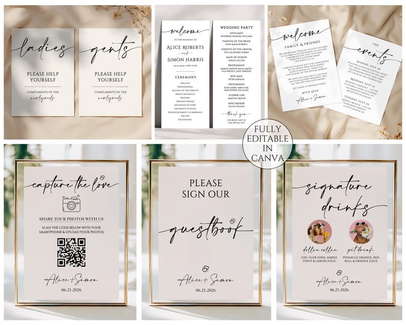 May include: A collection of wedding signage with elegant calligraphy. Includes signs for restrooms, ceremony details, guestbook, signature drinks, and photo sharing. The signs are in neutral tones with gold frames.