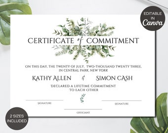 Commitment-Zertifikat, druckbare Greenery-Verpflichtungszertifikate, bearbeitbare Canva-Vorlage