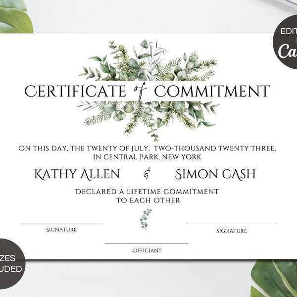 Certificate Of Commitment Editable Template, Greenery Commitment Certificate, Printable Custom Certificate, Canva Digital Template. TDS-10