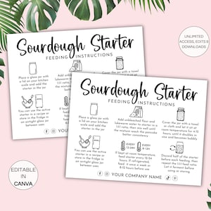 Editable Sourdough Starter Instructions, Sourdough Starters Feeding Guide, Bakery Care Cards Template