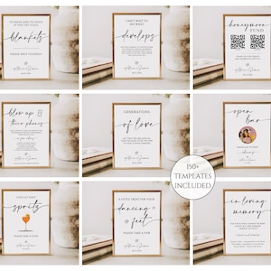 May include: A collection of framed wedding signs with gold frames and white backgrounds. The signs feature elegant calligraphy with phrases like "Blankets," "Develops," and "Honeymoon Fund." The image includes a variety of templates, with the text "150+ TEMPLATES INCLUDED."