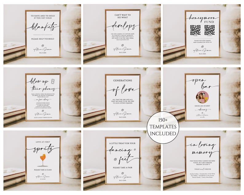 May include: A collection of framed wedding signs with gold frames and white backgrounds. The signs feature elegant calligraphy with phrases like "Blankets," "Develops," and "Honeymoon Fund." The image includes a variety of templates, with the text "150+ TEMPLATES INCLUDED."
