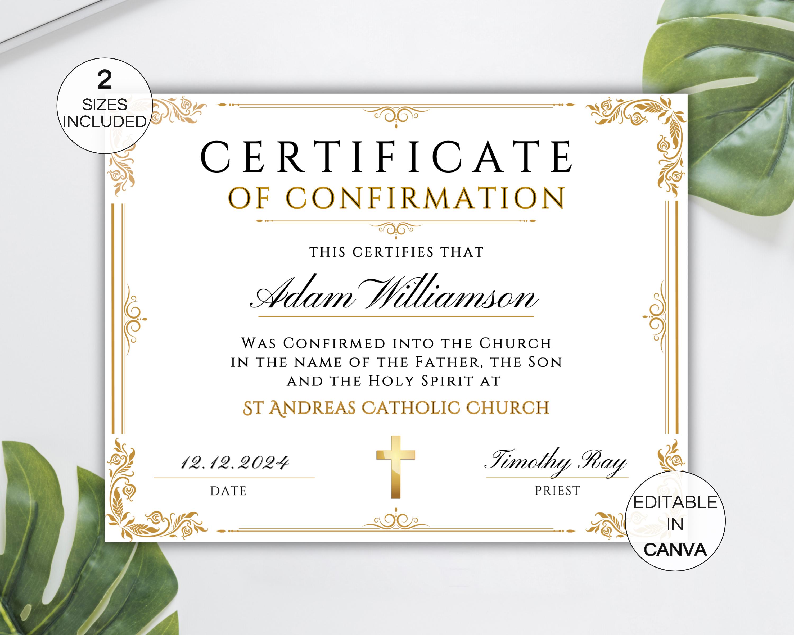 Certificate of Confirmation Template, Editable Religious Confirmation ...