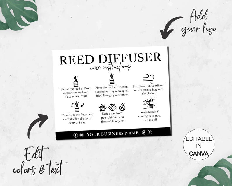 Reed Diffuser Instructions Cards, Printable Room Diffuser Care Card ...