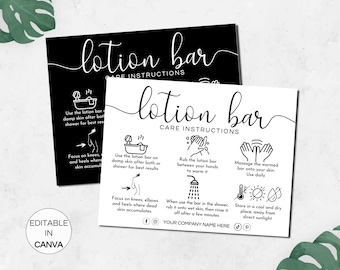 Tarjeta de instrucciones para barras de loción, tarjetas imprimibles con instrucciones para barras de loción sólida, plantilla editable de Canva.