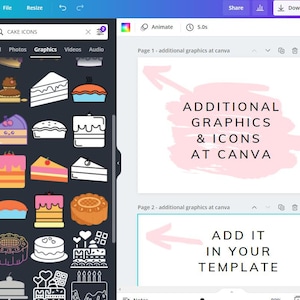 Op de afbeelding: Een Canva-ontwerptemplate met roze en witte tekst op een roze achtergrond. De tekst luidt "Additional Graphics & Icons at Canva" en "Add it in your template".