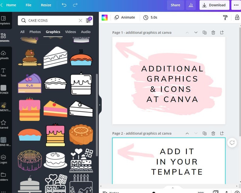 Op de afbeelding: Een Canva-ontwerptemplate met roze en witte tekst op een roze achtergrond. De tekst luidt "Additional Graphics & Icons at Canva" en "Add it in your template".