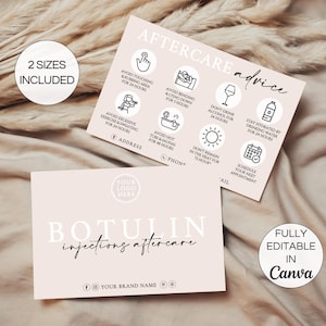 Bewerkbare nazorgkaarten voor botulinuminjecties, onderhoudskaart botulinum, afdrukbare onderhoudsinstructies voor botulinum, DIY-canva-sjabloon voor schoonheidsspecialiste.