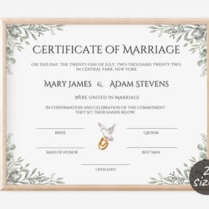 Modèle de certificat de mariage modifiable, certificat de mariage personnalisé, certificat de mariage imprimable, souvenir de mariage Canva. FT-10 image 1