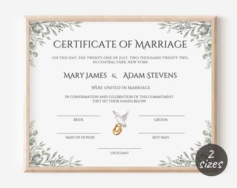 Modèle de certificat de mariage modifiable, certificat de mariage personnalisé, certificat de mariage imprimable, souvenir de mariage Canva. FT-10