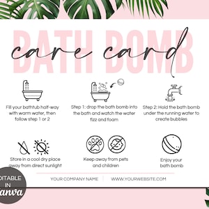 Bath Bomb Care-kaartsjabloon, bewerkbare Bath Bombs-onderhoudsinstructies, afdrukbare Bath Bomb Care-kaarten, Bath Melt Care Canva-sjabloon. TDS-05