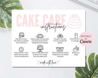 Editable Cake Care Card Canva Template, Printable Wedding Cake Care Cards, Cake Care Guide, Cake Instructions Card, Instant Download. TDS-05