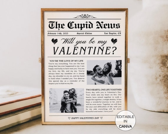 Valentines Day Newspaper Template, Editable Valentines Cupid Newspaper, Custom Valentines Day Gift Idea, Printable Will You Be My Valentine