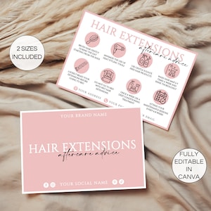 Può includere: Due biglietti rosa con testo e illustrazioni bianche. I biglietti recitano "Hair Extensions aftercare advice" e includono suggerimenti come spazzolare delicatamente, utilizzare prodotti senza solfati e partecipare a sessioni di manutenzione. Un biglietto dice "2 taglie incluse".