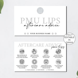 Cartes de suivi des lèvres PMU, instructions de soin des lèvres PMU modifiables, carte de soins de maquillage permanent imprimable, Canva EstheticianTemplate. TDS-05